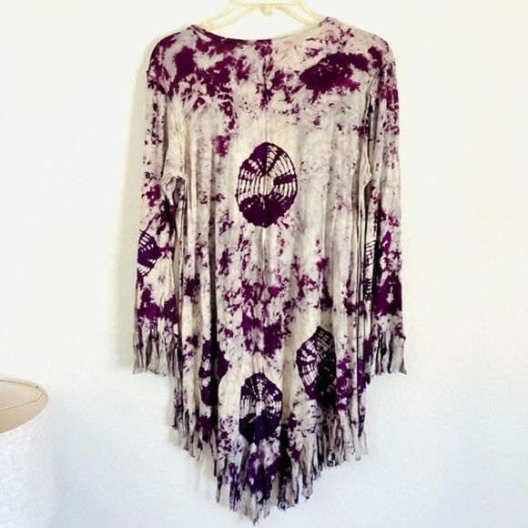 Tie Dye Designs Fringe Hem Asymmetrical Long Sleeve Dress w Cut-Out Scoop Neck - Picture 6 of 8